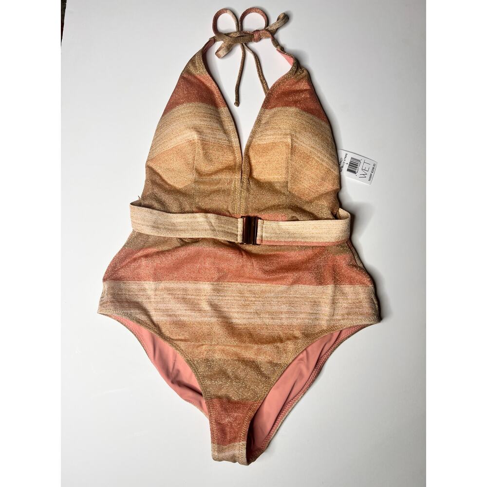 WET Seraphina One Piece Swimsuit Deep V-Neck Backless Metallic Stripe Women's L - Picture 4 of 6